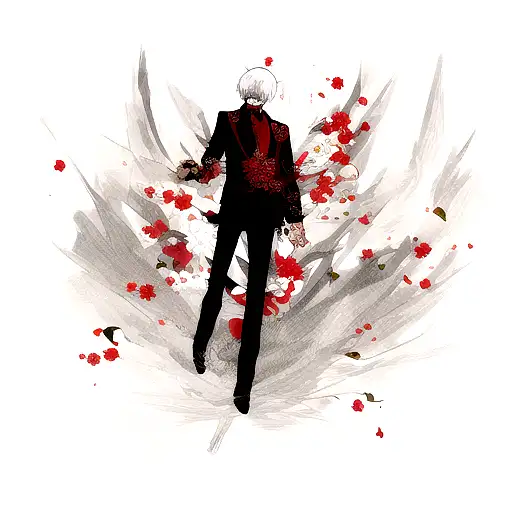 An anime-inspired tattoo depicting Ken Kaneki as a powerful character surrounded by elegant floral patterns tattoo design idea