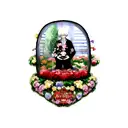 A new-school design featuring Ken Kaneki and various anime characters surrounded by a garden of colorful flowers tattoo design idea