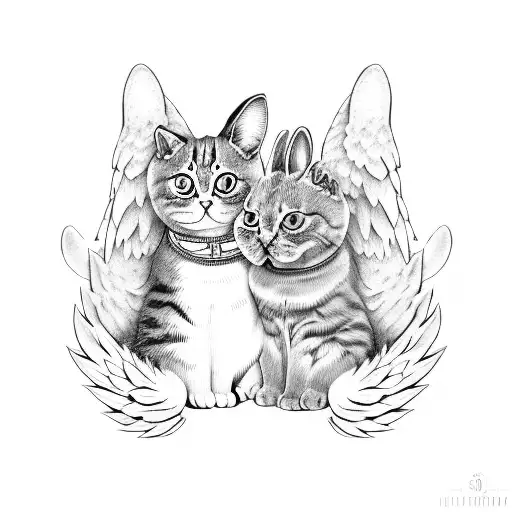 Cat and rabbit hugging with angel wings and bows tattoo design idea
