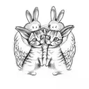 Cat and rabbit hugging with angel wings and bows tattoo design idea