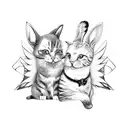 Cat and rabbit hugging with angel wings and bows tattoo design idea