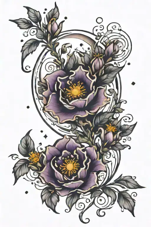 moon and statice flowers tattoo design idea
