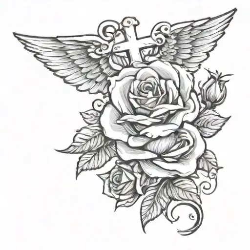 rose with cross behind and wings tattoo design idea