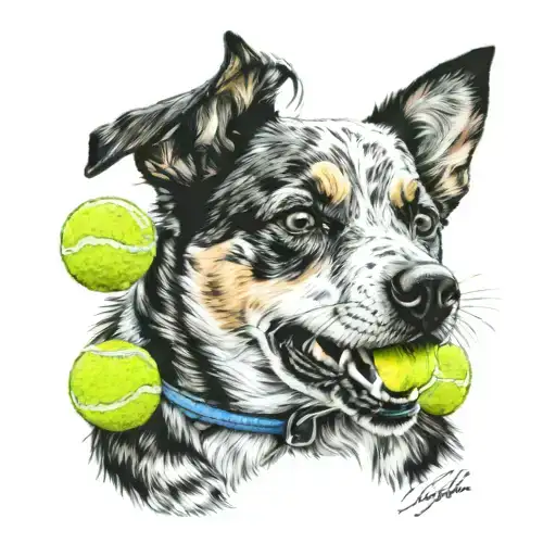 blue heeler holding a tennis ball in the mouth tattoo design idea