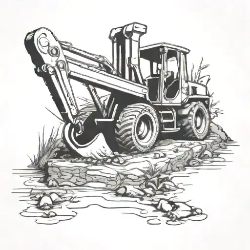 a tomb stone with a long arm shovel and a digger behind hit tattoo design idea