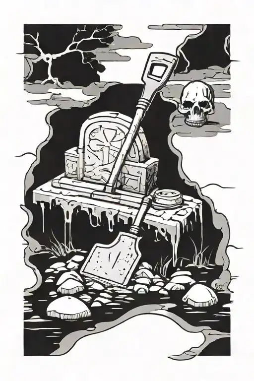 tomb stone with an exterior behind it and a shovel in front with space for start and end of job on the tombstone tattoo design idea