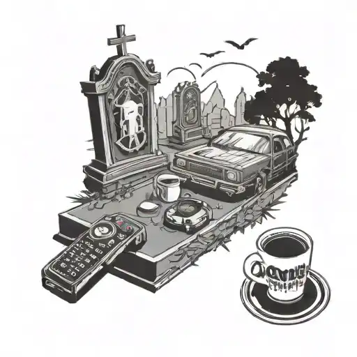 A graveyard scene with tombstones that have car designs carved into them, surrounded by gaming consoles and coffee cups tattoo design idea