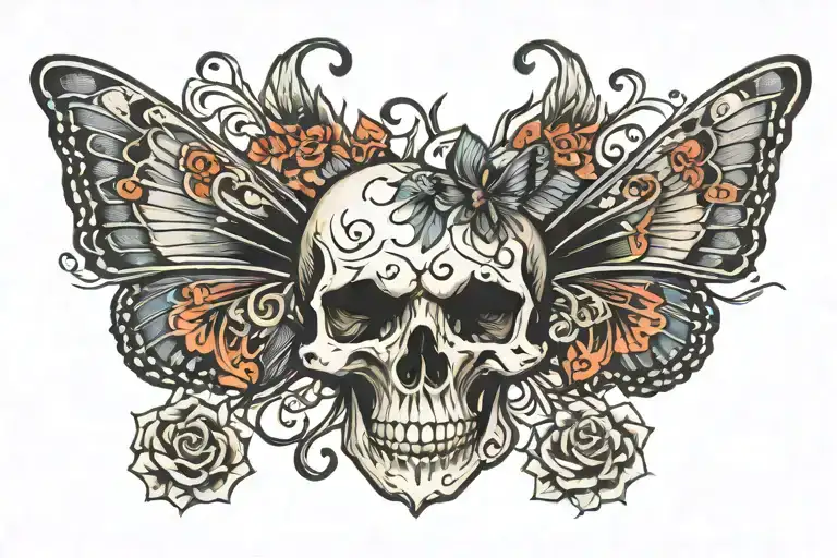 butterfly skull tattoo surrounded by lost souls floating away  tattoo design idea