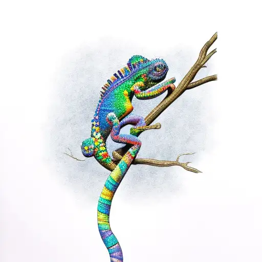 Rainbow chameleon walking on branch with the word hope in the branch tattoo design idea