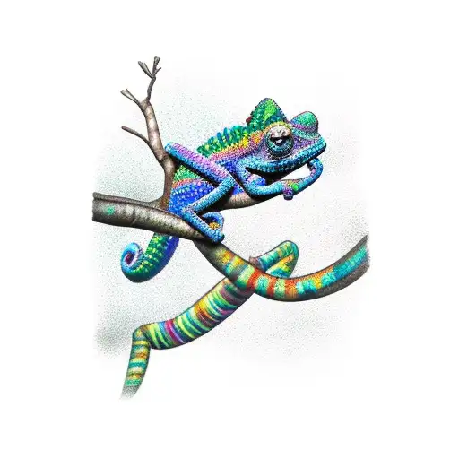 Rainbow chameleon walking on branch with word hope in the branch tattoo design idea