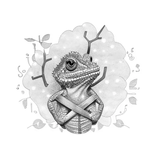 Rainbow chameleon walking on a branch with the word Hope written in the branch tattoo design idea