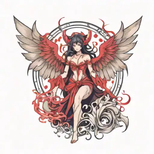A beautiful demoness with wings of blood emerges from a rectangular portal. tattoo design idea