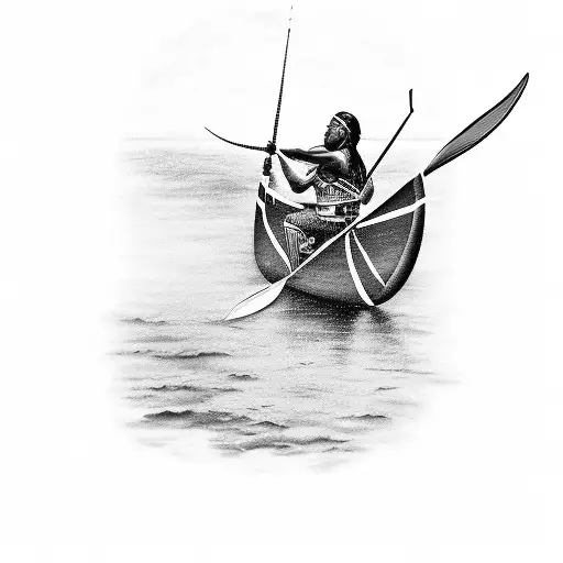 A black-grey tattoo depicting a Native American warrior fishing in a traditional canoe tattoo design idea