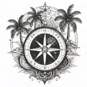 compass and palm trees and map with compass tattoo design idea