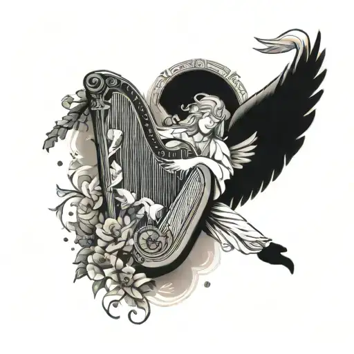 An ethereal angel playing a harp surrounded by healing symbols tattoo design idea