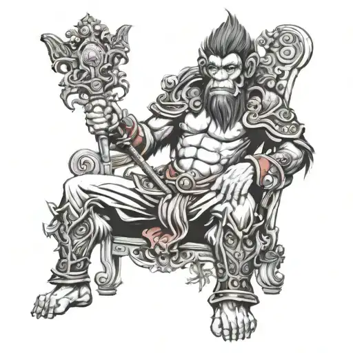 monkey king on a throne cocky holding staff smiling with red eyes tattoo design idea