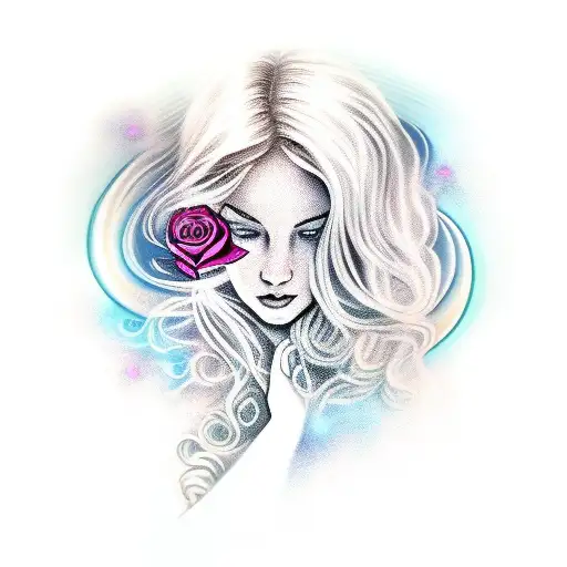 Aphrodite with rose in hair and swirling clouds and stars behind  tattoo design idea