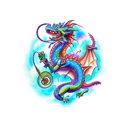 A vibrant new-school tattoo of a dragon playing a musical instrument, surrounded by musical notes and symbols. tattoo design idea