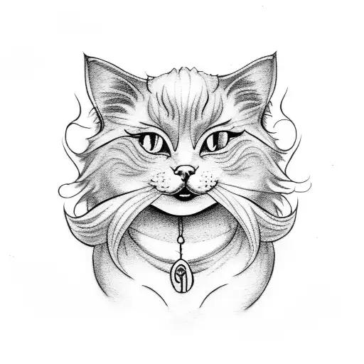 A handpoke tattoo of a witch with long curly hair holding a white cat with sharp teeth tattoo design idea