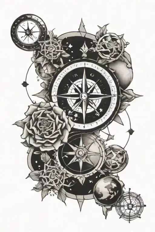 compass rose, planets, DNA strand tattoo design idea