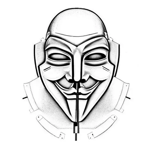 anonymous mask in half with traces of electrical circuits, very detailed, with programming codes tattoo design idea