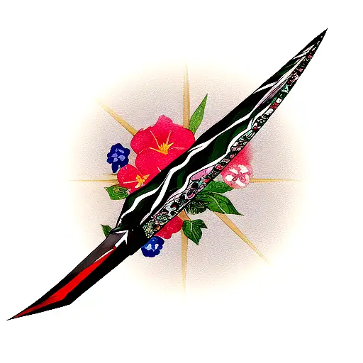 A high quality, colored tattoo design of a realistic kunai with japanese flowers tattoo design idea