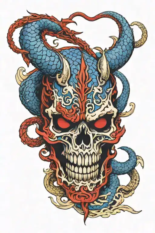 Red Dragon with black highlights wrapped around a skull, with a blue and gold Oni mask on the side of the skull tattoo design idea