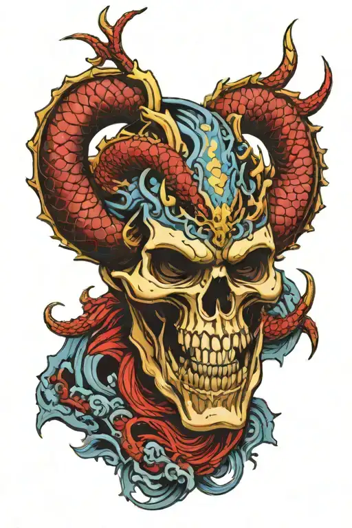 Red Dragon with black highlights wrapped around a skull, with a blue and gold Oni mask on the side of the skull tattoo design idea