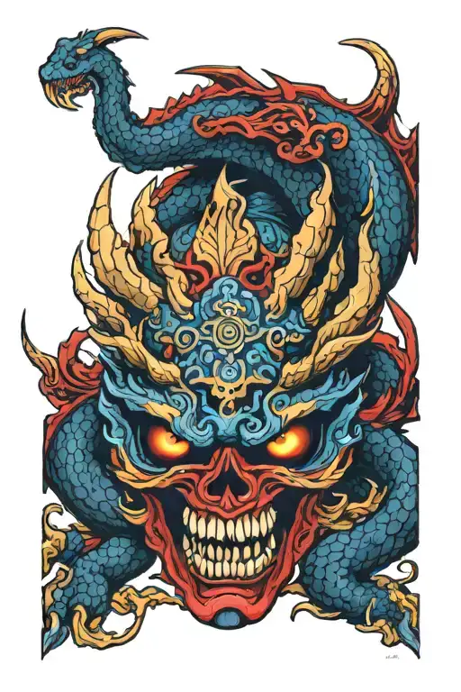 Red with black highlight Dragon wrapped around a skull with a blue and gold Oni mask on the side of the skull. tattoo design idea