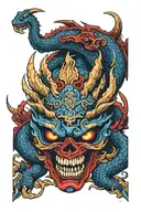 Red with black highlight Dragon wrapped around a skull with a blue and gold Oni mask on the side of the skull. tattoo design idea