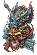 Red with black highlight Dragon wrapped around a skull with a blue and gold Oni mask on the side of the skull. tattoo design idea