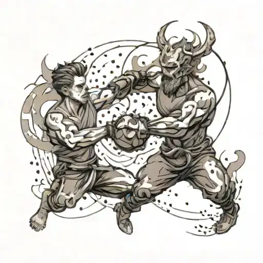 A tattoo representing the energy and spirit of humanity through a dynamic fighting scene tattoo design idea