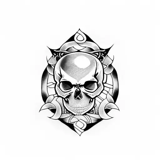A skull with Mangekyo Sharingan eyes surrounded by Norse runes tattoo design idea