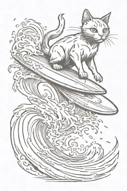 A sketch style tattoo of a cat riding a wave with an anchor as a surfboard tattoo design idea