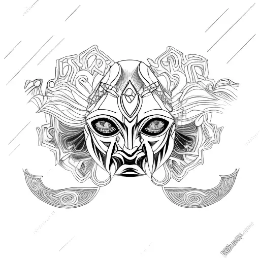 Symmetrical and emotionless mask with abstract designs and blood crying from eyes. tattoo design idea