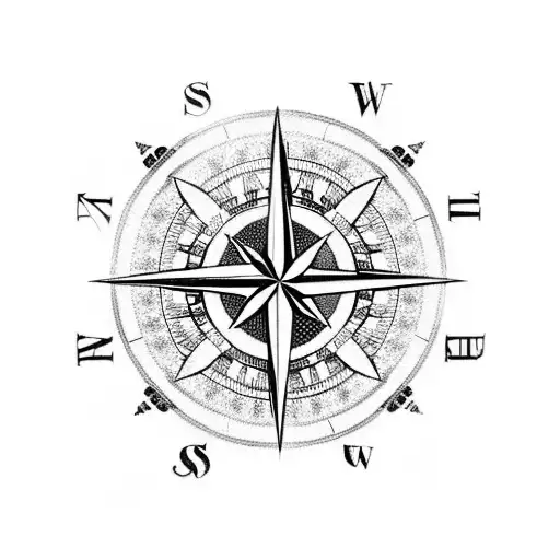 A blackwork tattoo of a compass with hunting-related symbols, surrounded by tire tread patterns tattoo design idea