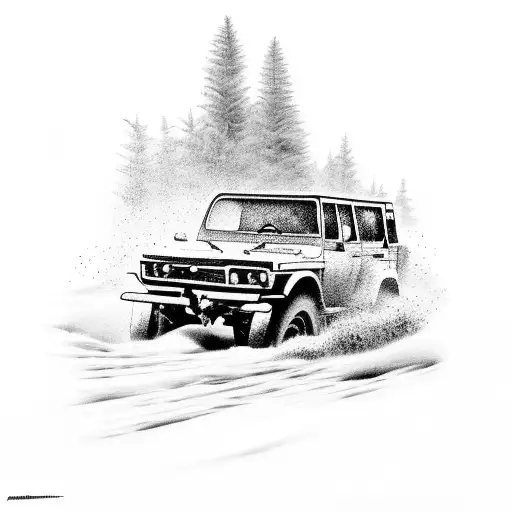 A rugged 4WD vehicle conquering rough terrain tattoo design idea