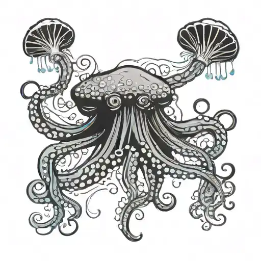 string ray, octopus, jellyfish, water background black tattoo design idea