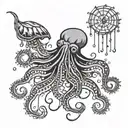 string ray, octopus, jellyfish, water background black tattoo design idea