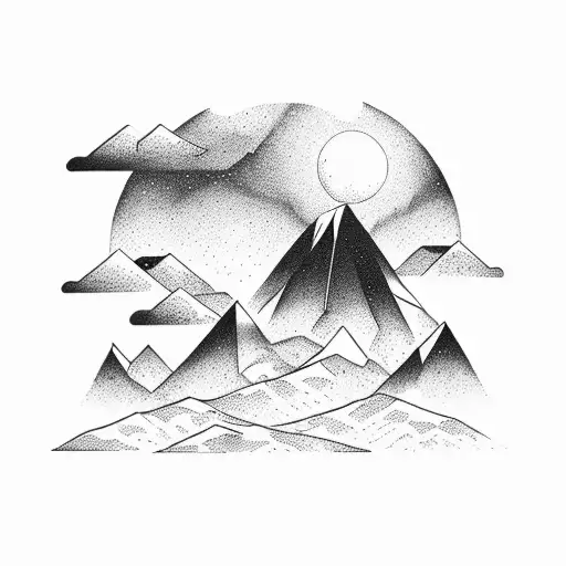 A mesmerizing sunrise behind a mountain range with a silhouette of a meditating person in the foreground tattoo design idea
