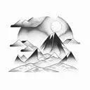 A mesmerizing sunrise behind a mountain range with a silhouette of a meditating person in the foreground tattoo design idea