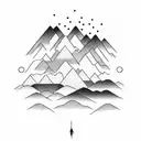 A mesmerizing sunrise behind a mountain range with a silhouette of a meditating person in the foreground tattoo design idea