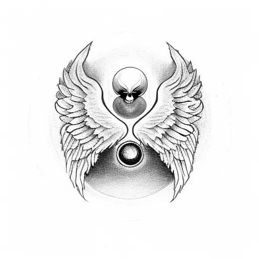 Red & Black Heart with a Ying yang sign inside and angel wings attached to the heart.                        Hanging fro tattoo design idea