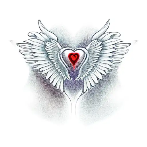 Red & Black Heart with a Ying yang sign inside and angel wings attached to the heart.                        Hanging fro tattoo design idea