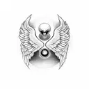 Red & Black Heart with a Ying yang sign inside and angel wings attached to the heart.                        Hanging fro tattoo design idea