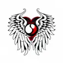Red & Black Heart with a Ying yang sign inside and angel wings attached to the heart.                        Hanging fro tattoo design idea