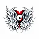 Red & Black Heart with a Ying yang sign inside and angel wings attached to the heart.                        Hanging fro tattoo design idea