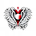 Red & Black Heart with a Ying yang sign inside and angel wings attached to the heart.                        Hanging fro tattoo design idea