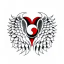 Red & Black Heart with a Ying yang sign inside and angel wings attached to the heart.                        Hanging fro tattoo design idea