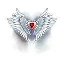 Red & Black Heart with a Ying yang sign inside and angel wings attached to the heart.                        Hanging fro tattoo design idea